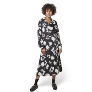ELLI WHITE BLACK FLORAL COLLARED WRAP DRESS SZ L